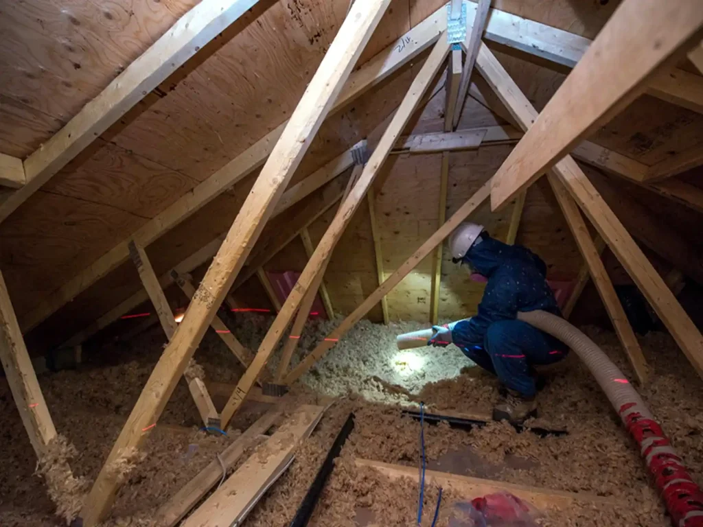 Technician installing attic blown-in insulation using professional equipment in a residential attic