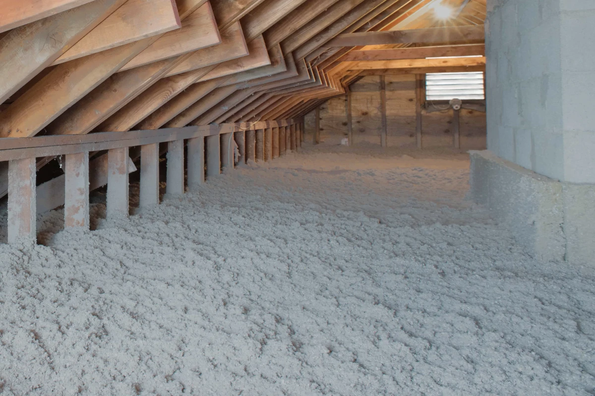 Blown-in insulation installed across attic and ceiling assemblies for improved thermal performance