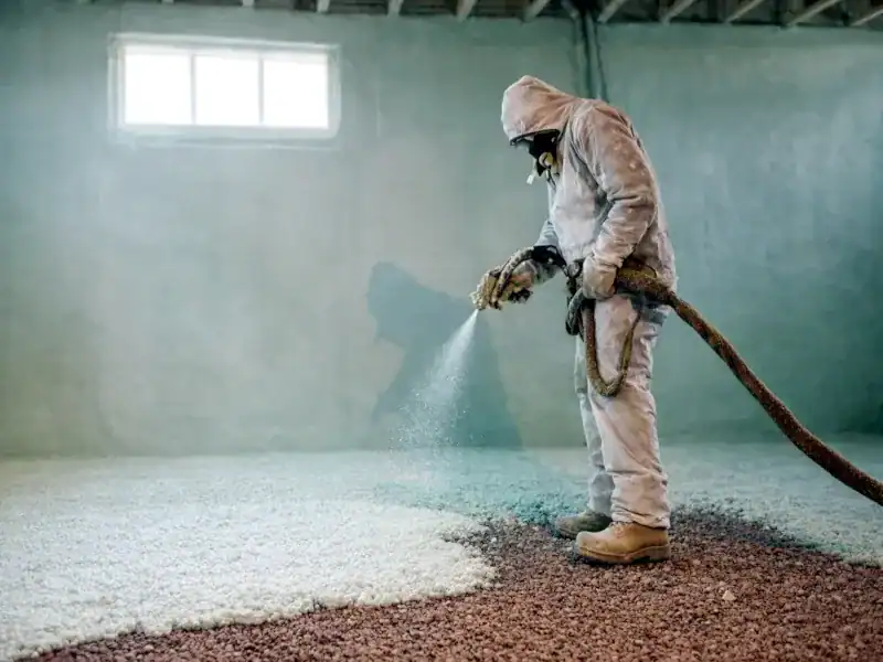 Spray foam insulation applied to basement or crawl space for moisture and air sealing