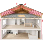 Two-story house cutaway showing gray blown-in cellulose insulation installed in the attic with proper ventilation airflow
