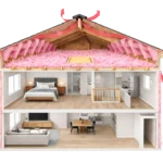Two-story house cutaway showing blown-in fiberglass insulation evenly installed in the attic