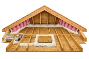 Attic air sealing and installation of pink ventilation baffles before blown-in insulation