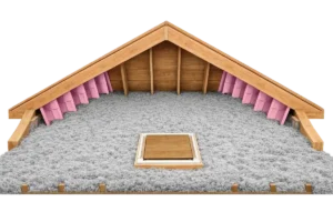 Gray blown-in cellulose insulation evenly installed in attic with ventilation baffles visible
