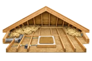 Attic preparation for blown-in insulation with existing insulation removed and attic floor exposed