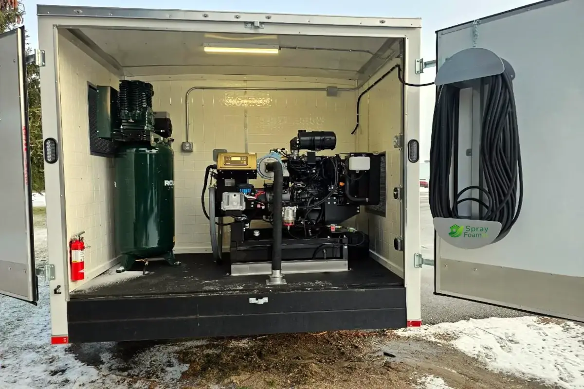 Spray foam insulation equipment rig inside enclosed trailer ready for job-site rental