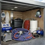 Tools and accessories rental setup inside enclosed trailer including spray hoses, transfer pumps, air compressor and insulation equipment components