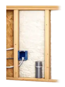 Cured spray foam insulation filling wall cavity completely